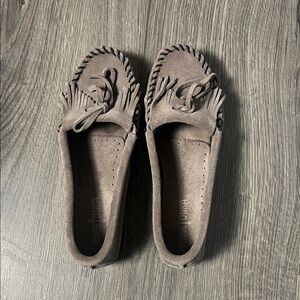 Minnetonka Taupe Suede Fringe Moccasins